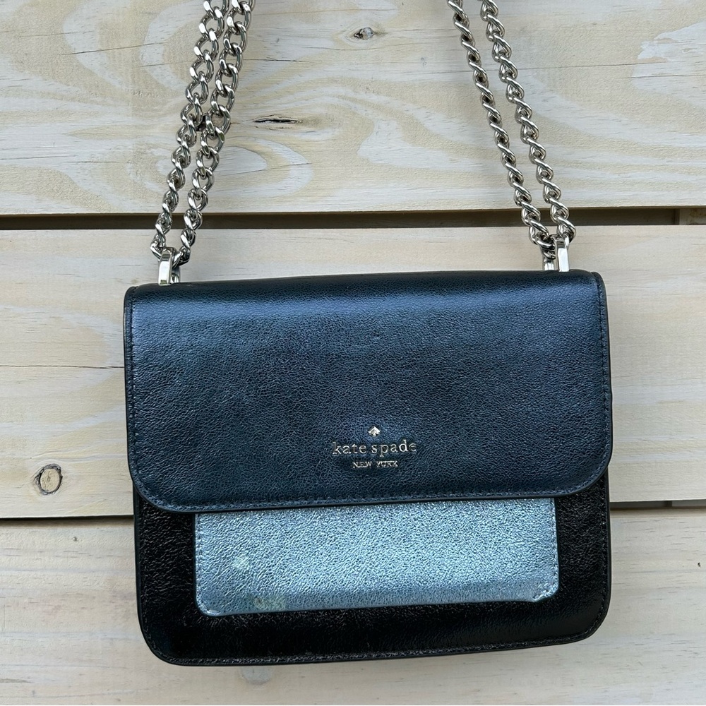 KATE SPADE Remi Metallic Blue and Black Colorblock Flap Chain Crossbody Bag